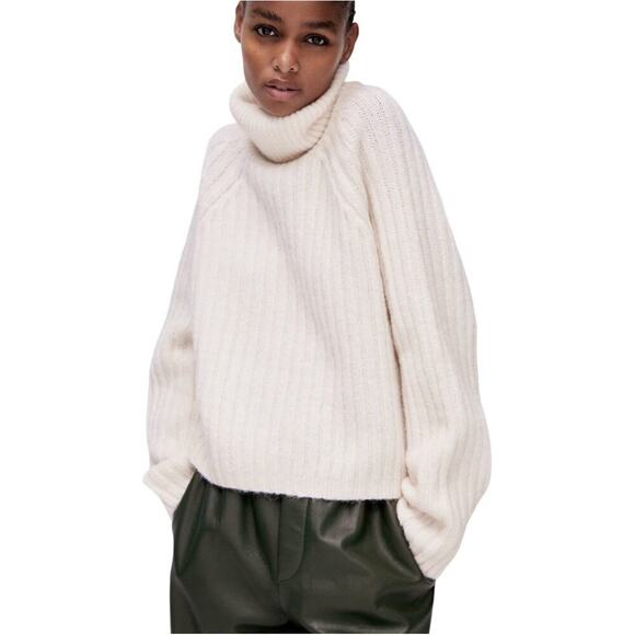Zara Cream Light Pink Wool Alpaca Blend Ribbed Knit Turtleneck Sweater Medium - Picture 15 of 16